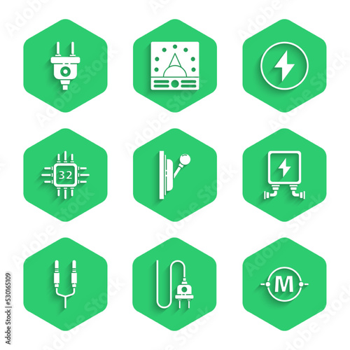 Set Electrical panel, plug, circuit scheme, transformer, Audio jack, Processor with microcircuits CPU, Lightning bolt and icon. Vector