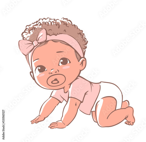 Cute little baby girl in diaper. Active baby of 3-12 months. First year baby development. Dark skin newborn crawling and smiling. Happy healthy baby African ethnic. Color vector illustration set.