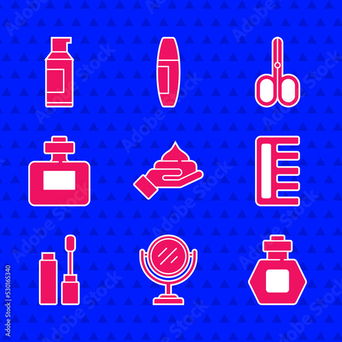 Set Cream or lotion cosmetic tube, Round makeup mirror, Perfume, Hairbrush, Mascara, Scissors and Spray can for hairspray icon. Vector