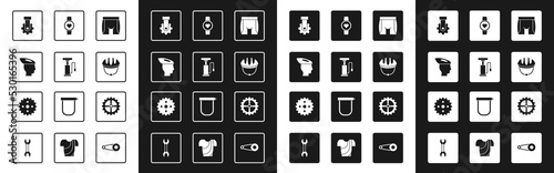 Set Cycling shorts, Bicycle air pump, helmet, Derailleur bicycle rear, Smart watch, sprocket crank and icon. Vector