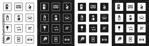 Set Champagne bottle with glass, Concierge, Please do not disturb, Digital door lock, Armchair, Smart Tv, Swimming pool and Hotel key icon. Vector