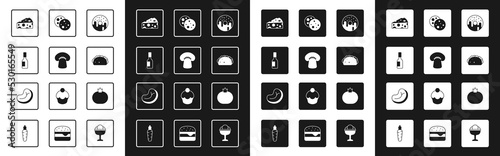 Set Donut, Mushroom, Tabasco sauce, Cheese, Taco with tortilla, Cookie chocolate, Tomato and Steak meat icon. Vector