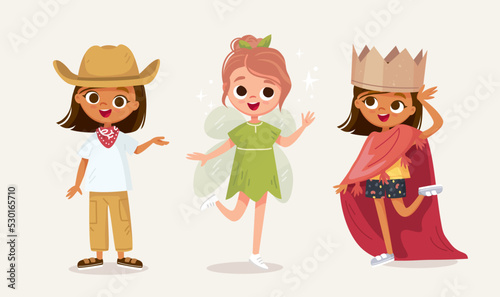 Small children dressed up in farmer, cowboy, fairy, fey, nymph, princess, queen costume standing in various poses isolated vector illustration. New look for kids costume party Dressing up for carnival
