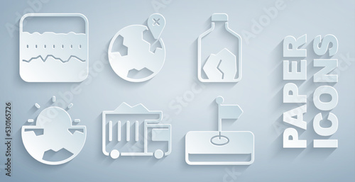 Set Mining dump truck, Ore mining, Earth core structure crust, Flag, Location on the globe and Soil ground layers icon. Vector