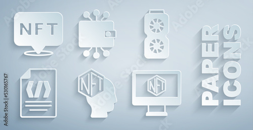 Set NFT Digital crypto art, Video graphic card, Binary code, Monitor with store app, Cryptocurrency wallet and icon. Vector