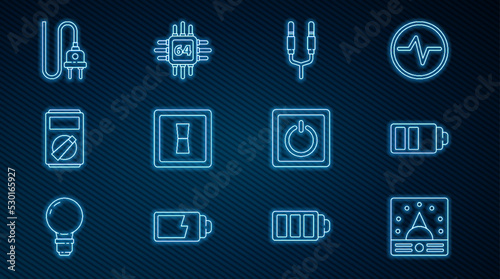 Set line Ampere meter, multimeter, voltmeter, Battery charge level indicator, Audio jack, Electric light switch, Multimeter, plug, and Processor with microcircuits CPU icon. Vector