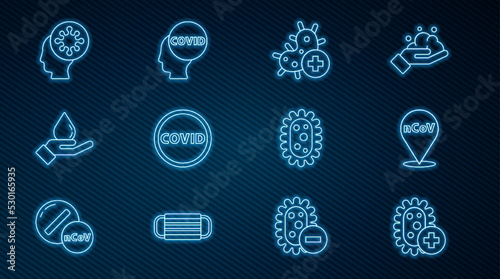 Set line Positive virus, Corona 2019-nCoV on location, covid-19, Washing hands with soap, Human, Virus and icon. Vector