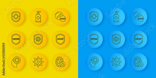 Set line Human and virus, Shield protecting from, Positive, Medicine pill or tablet and Bottle of liquid antibacterial soap icon. Vector