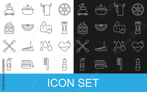 Set line Bottle of water, Heart heal, shampoo, Towel on hanger, Citrus fruit, Cream or lotion cosmetic tube, Stack hot stones and Bar soap with foam icon. Vector