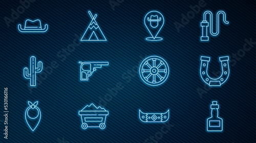 Set line Tabasco sauce, Horseshoe, Location cowboy, Revolver gun, Cactus, Western hat, Old wooden wheel and Indian teepee wigwam icon. Vector