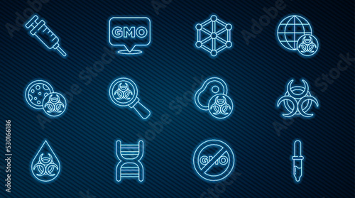 Set line Pipette, Biohazard symbol, GMO, and magnifying glass, Syringe, Genetically modified meat and icon. Vector