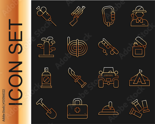 Set line Cartridges, Tourist tent, Lighter, Carabiner, Climber rope, African tree, Syringe and Fishing rod icon. Vector