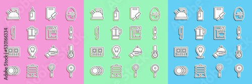 Set line Frying pan, Pizza knife, Blender, Cutting board and, Teapot, Knife, Kettle with handle and Electric mixer icon. Vector
