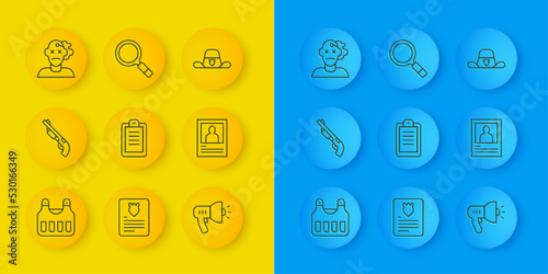 Set line Bulletproof vest, Police shotgun, report, megaphone, Wanted poster, Murder, Sheriff hat with badge and Magnifying glass search icon. Vector