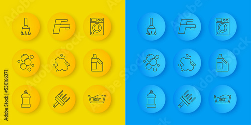Set line Bottle for cleaning agent, Soap water bubbles, Water spill, Temperature wash, Feather broom, Washer and tap icon. Vector