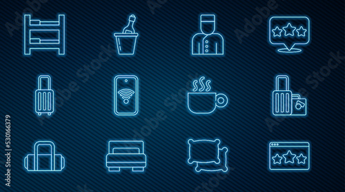 Set line Five stars rating review, Suitcase, Concierge, Mobile with wi-fi wireless, Hotel room bed, Coffee cup and Champagne an ice bucket icon. Vector