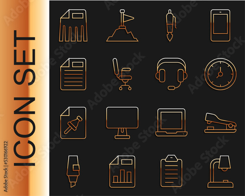 Set line Table lamp, Stapler, Clock, Fountain pen nib, Office chair, File document, Paper shredder and Headphones icon. Vector