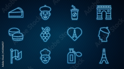 Set line Eiffel tower, French man, Coffee cup go, Grape fruit, Macaron cookie, Cherry cheesecake slice, with heart and mime icon. Vector