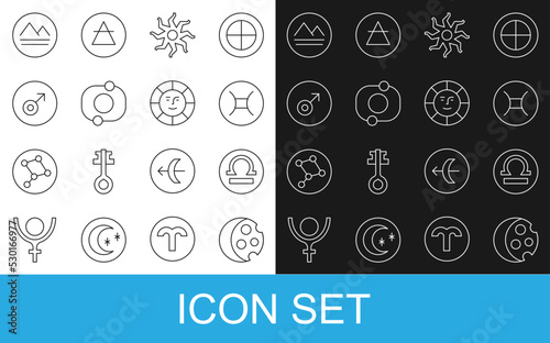 Set line Eclipse of the sun, Libra zodiac, Gemini, Sun, Solar system, Mars symbol, Earth element and icon. Vector