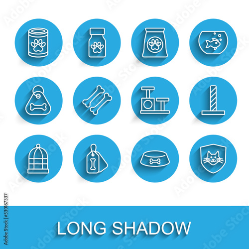 Set line Cage for birds, Dog collar with bone, Canned food, Pet bowl cat dog, Animal health insurance, Cat scratching post toy and icon. Vector