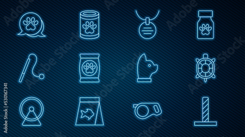 Set line Cat scratching post with toy, Turtle, Collar name tag, Bag of food for pet, Pet cat, Paw print, and Canned icon. Vector