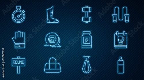 Set line Punching bag, Boxing glove, Dumbbell, helmet, MMA, Stopwatch, Energy drink and Sport boxing shoes icon. Vector