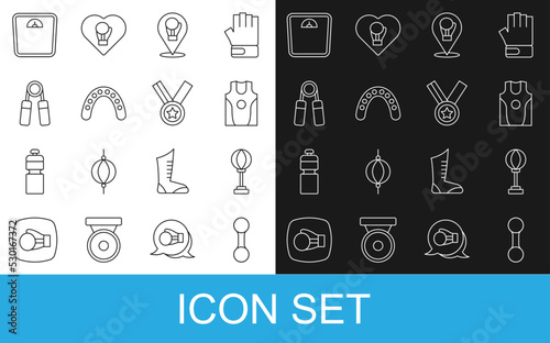 Set line Dumbbell, Punching bag, Boxing jersey and t-shirt, glove, Mouth guard boxer, Sport expander, Bathroom scales and Medal icon. Vector