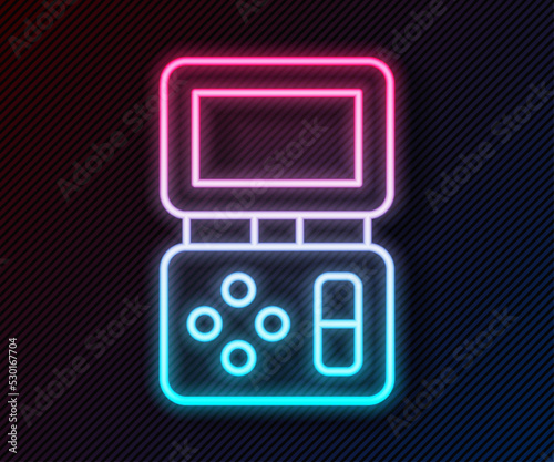 Glowing neon line Portable tetris electronic game icon isolated on black background. Vintage style pocket brick game. Interactive playing device. Vector
