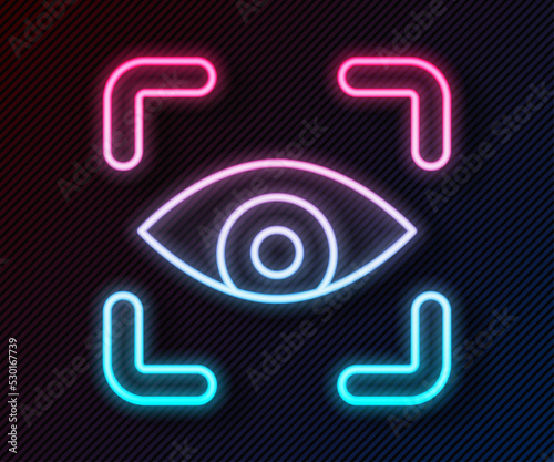 Glowing neon line Eye scan icon isolated on black background. Scanning eye. Security check symbol. Cyber eye sign. Vector