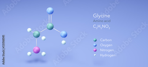 glycine, amino acid, molecular structures, 3d model, Structural Chemical Formula and Atoms with Color Coding photo