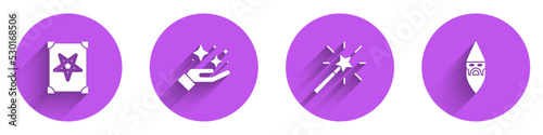 Set Ancient magic book, Sparkle stars with trick, Magic wand and Wizard warlock icon with long shadow. Vector