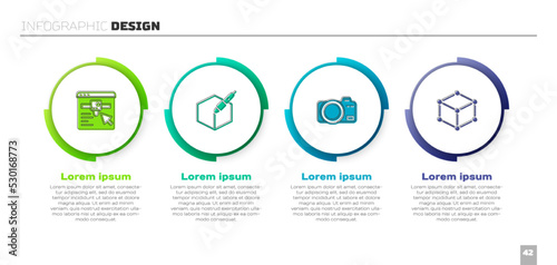 Set 3D printer setting, 3d pen tool, Photo camera and Isometric cube. Business infographic template. Vector
