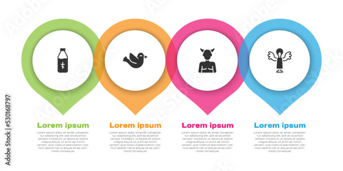 Set Holy water bottle, Dove, Krampus, heck and Angel. Business infographic template. Vector