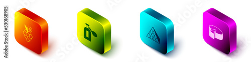 Set Isometric Grape fruit, Perfume, Louvre glass pyramid and Cheese icon. Vector