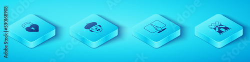 Set Isometric Castle in the shape of heart, French mime, Windmill and Eiffel tower icon. Vector