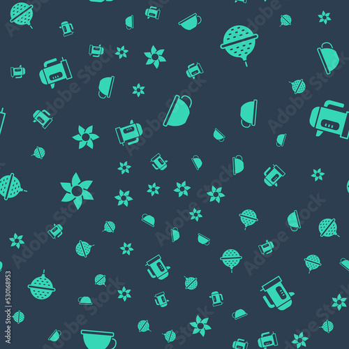 Set Cup of tea, Ball strainer, Flower and Electric kettle on seamless pattern. Vector