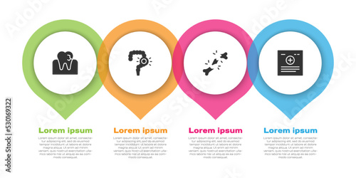 Set Tooth with caries, Gut constipation, Human broken bone and Clinical record. Business infographic template. Vector