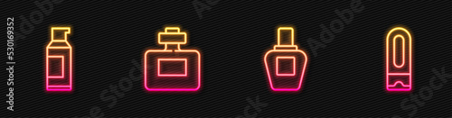 Set line Perfume, Spray can for hairspray, and Bottle of shampoo. Glowing neon icon. Vector