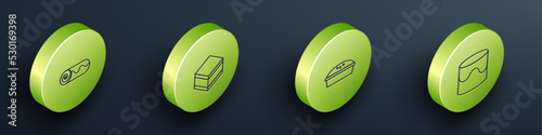 Set Isometric line Chocolate roll cake, Brownie chocolate, Homemade pie and Cake icon. Vector