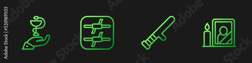 Set line Police rubber baton, Caduceus snake medical, Barbed wire and Mourning photo frame. Gradient color icons. Vector