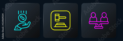 Set line Coins on hand - minimal wage, Gender equality and Judge gavel. Black square button. Vector