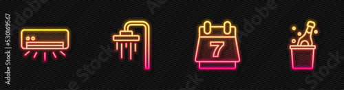 Set line Hotel booking calendar, Air conditioner, Shower and Bottle of champagne. Glowing neon icon. Vector