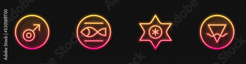 Set line Falling star, Mars symbol, Pisces zodiac and Earth element. Glowing neon icon. Vector