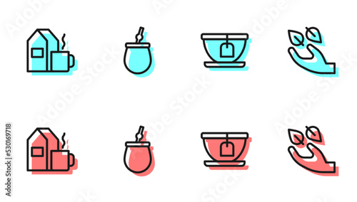 Set line Cup with tea bag, of milk, Mate and Tea leaf in hand icon. Vector