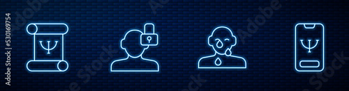 Set line Tear cry eye, Psychology book, Closed personality and Online psychological counseling. Glowing neon icon on brick wall. Vector