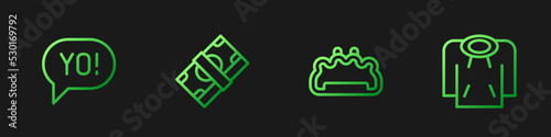 Set line Brass knuckles, Yo slang lettering, Stacks paper money cash and Hoodie. Gradient color icons. Vector