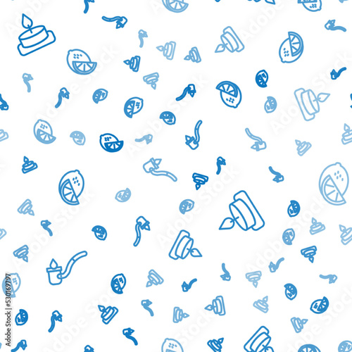 Set line Sauna ladle, Aroma candle and Lemon on seamless pattern. Vector