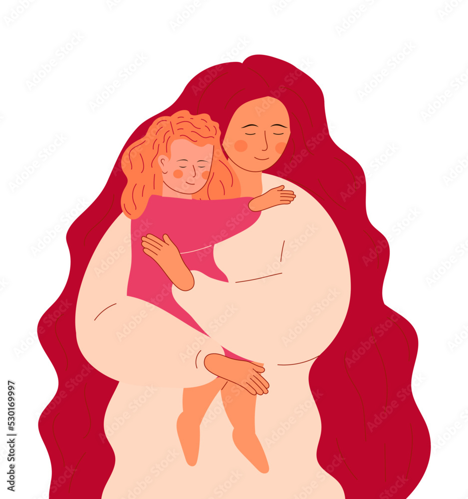 Young woman holds her little daughter in her arms. Happy motherhood.