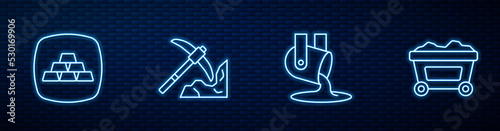 Set line Molten gold being poured, Gold bars, mining and Mine cart with. Glowing neon icon on brick wall. Vector