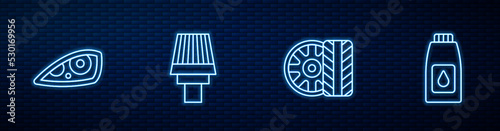 Set line Car tire wheel, headlight, air filter and Canister for motor machine oil. Glowing neon icon on brick wall. Vector